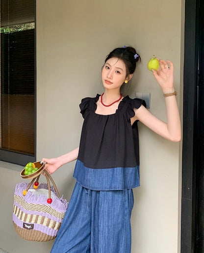 荷葉袖拼色背心+闊腳牛仔色褲套裝
