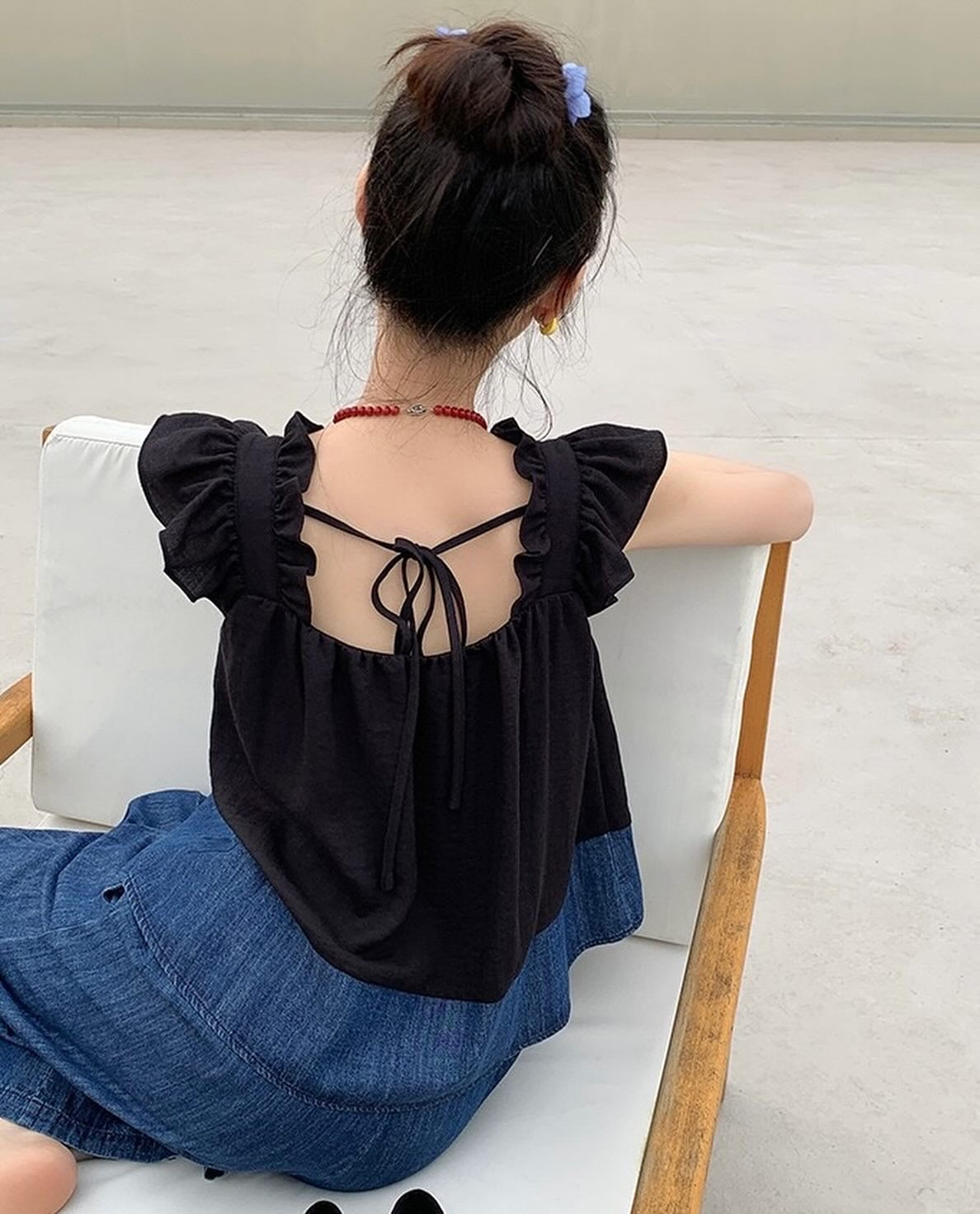 荷葉袖拼色背心+闊腳牛仔色褲套裝