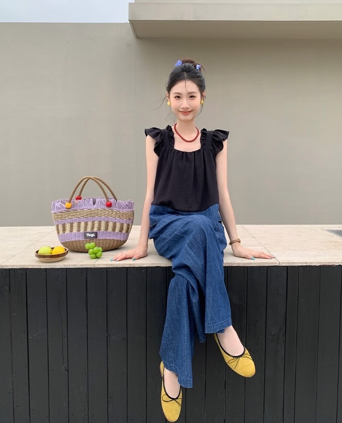 荷葉袖拼色背心+闊腳牛仔色褲套裝