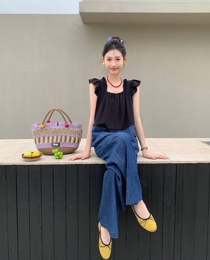 荷葉袖拼色背心+闊腳牛仔色褲套裝