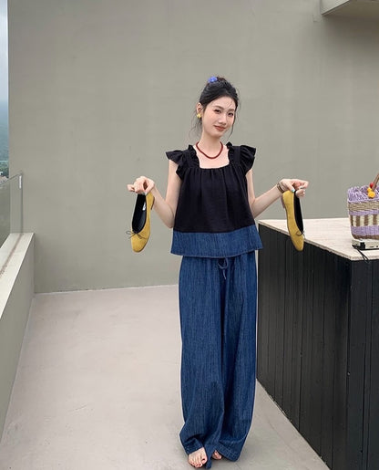 荷葉袖拼色背心+闊腳牛仔色褲套裝