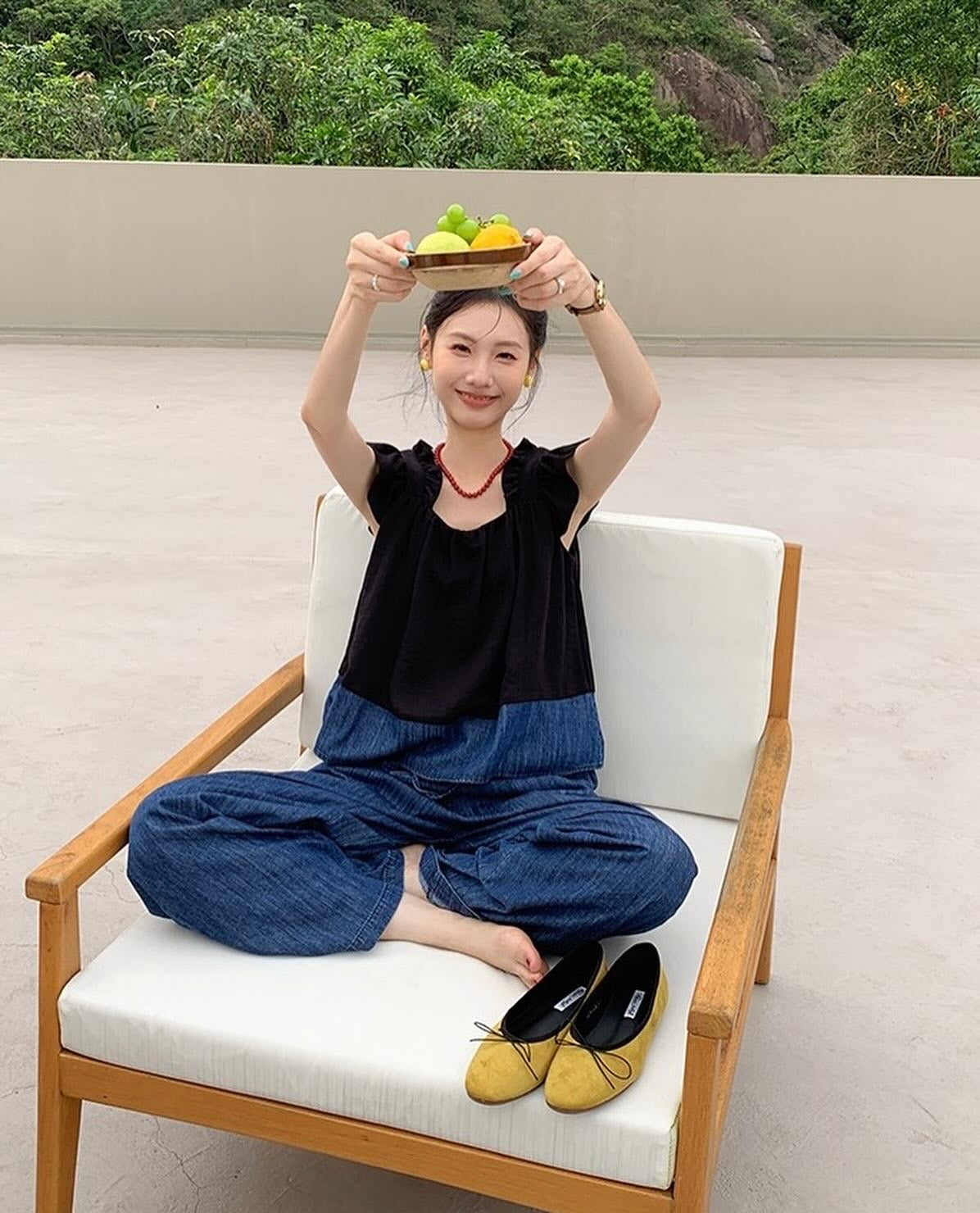 荷葉袖拼色背心+闊腳牛仔色褲套裝