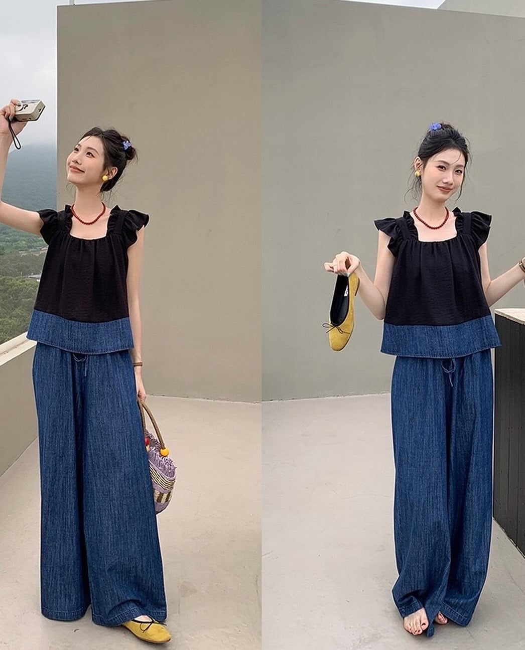 荷葉袖拼色背心+闊腳牛仔色褲套裝