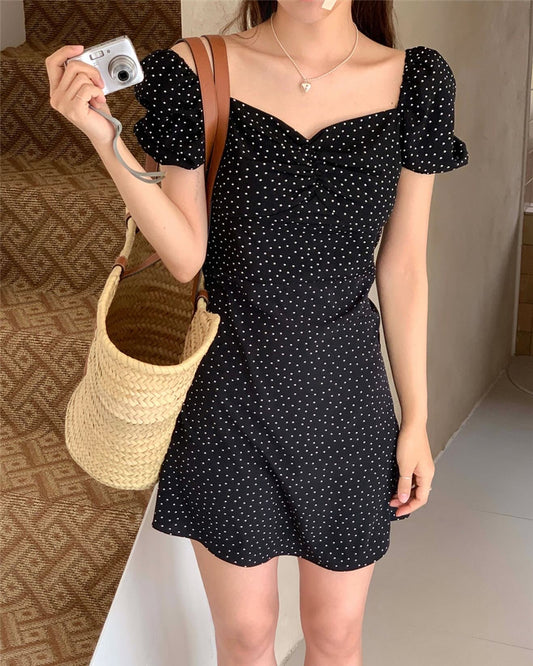Square Neck Polka Dot Black Dress