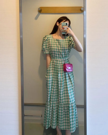 綠格仔連身裙