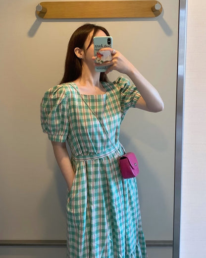綠格仔連身裙