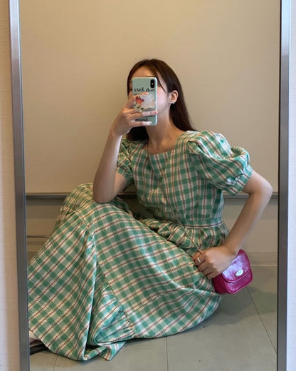 綠格仔連身裙