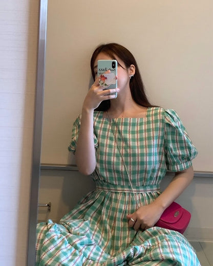 綠格仔連身裙