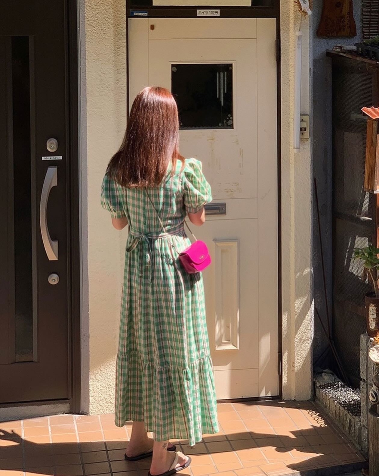 綠格仔連身裙