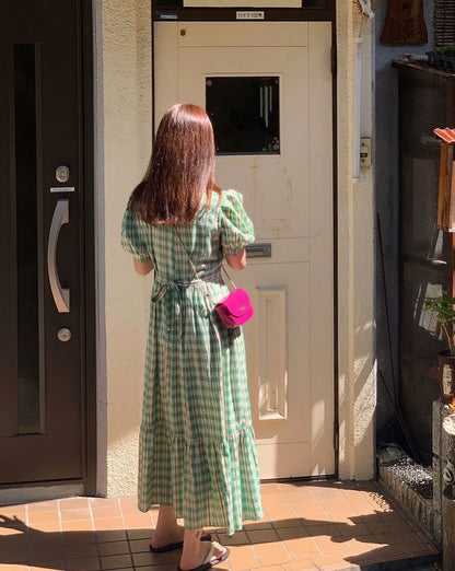 綠格仔連身裙