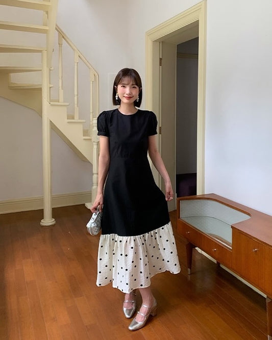 Round Neck Polka Dot Patchwork Dress