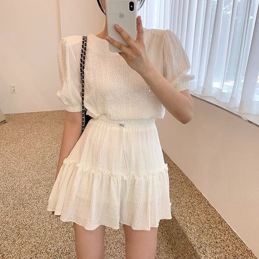Crew Neck Puff Sleeve + Lace Trim Short Skirt Set