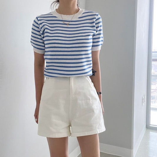 花邊領條紋上衣