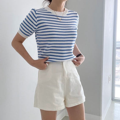 花邊領條紋上衣