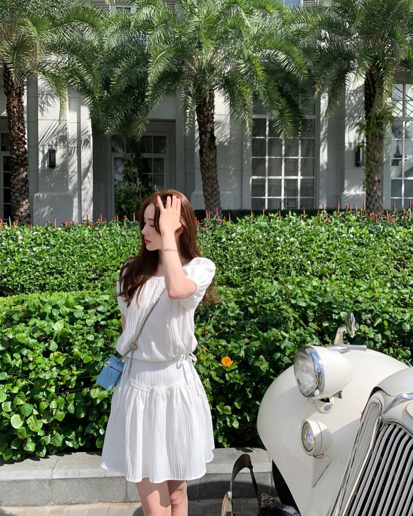 Round Neck Lace Patchwork Puff Sleeve + Short Skirt Set