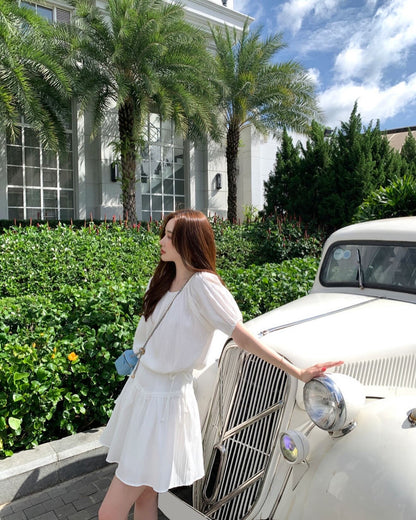 Round Neck Lace Patchwork Puff Sleeve + Short Skirt Set