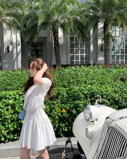 Round Neck Lace Patchwork Puff Sleeve + Short Skirt Set