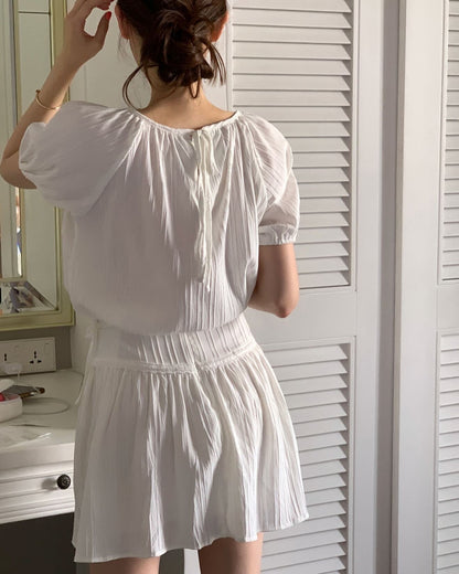 Round Neck Lace Patchwork Puff Sleeve + Short Skirt Set