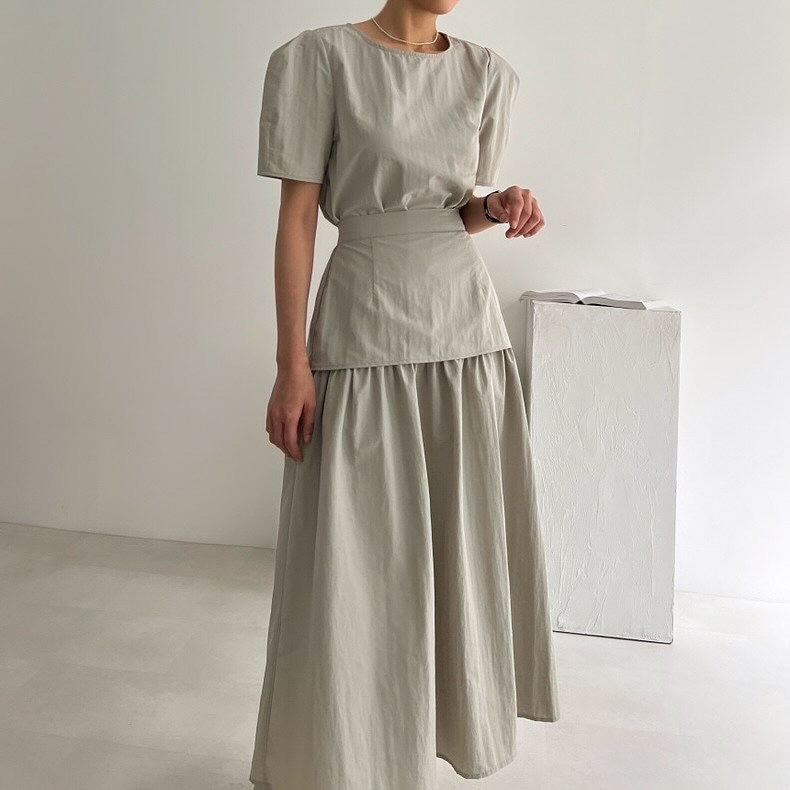 法式圓領泡泡袖+拼接半截裙