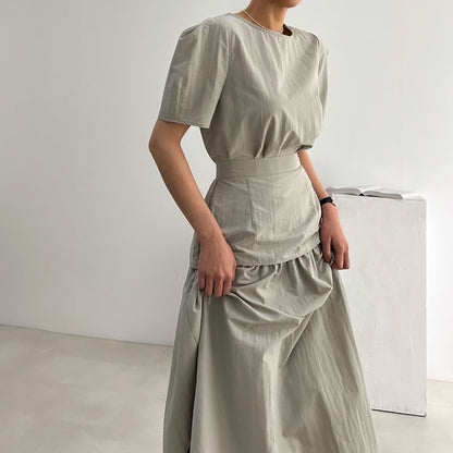 法式圓領泡泡袖+拼接半截裙