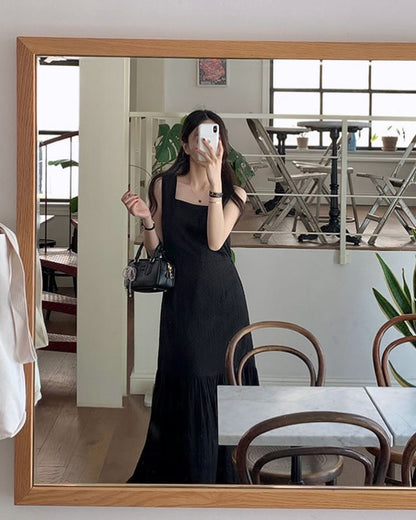 方領鏤空背心連身裙