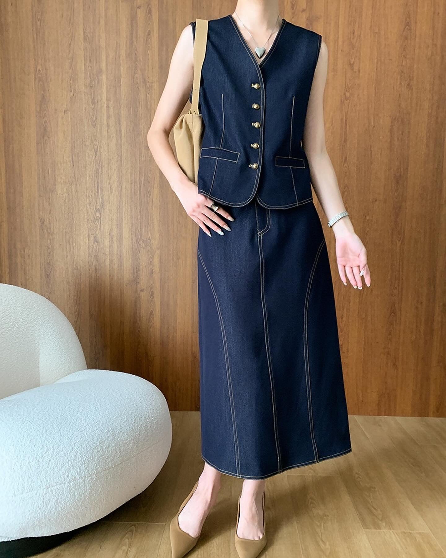 Vintage Denim Vest + Midi Skirt Set