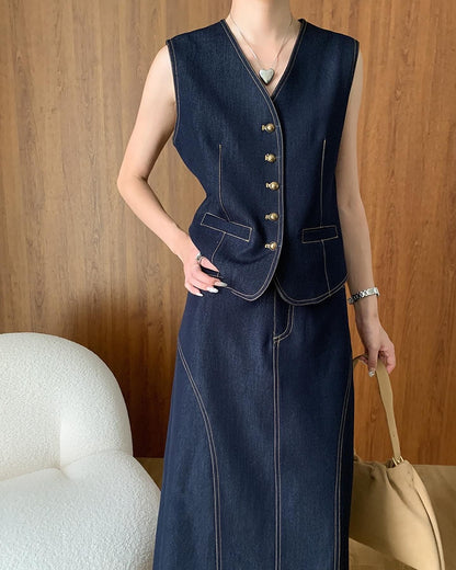 Vintage Denim Vest + Midi Skirt Set