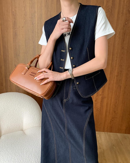 Vintage Denim Vest + Midi Skirt Set