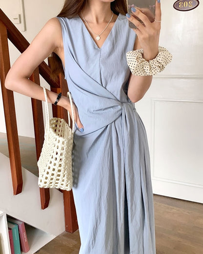 V-neck Tie Waist Sleeveless Dress
