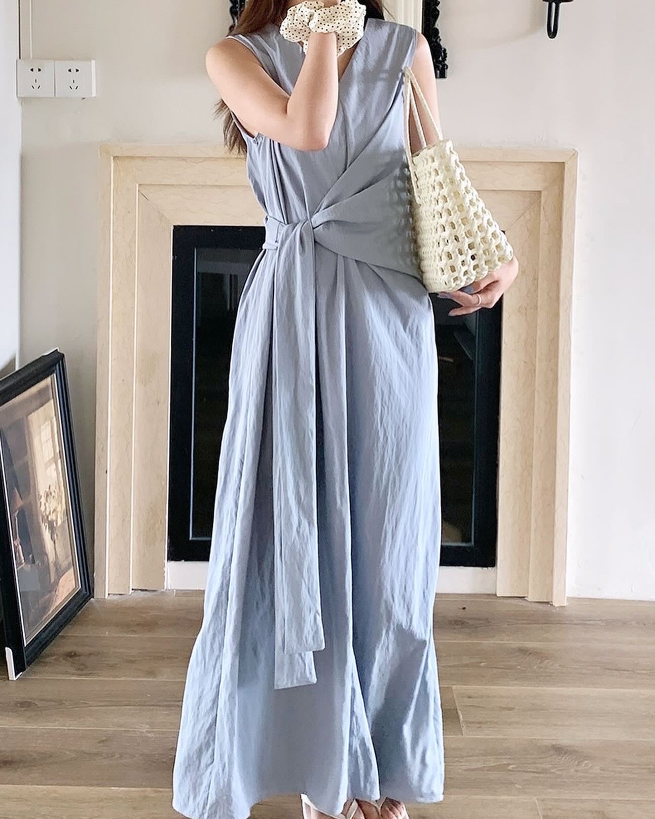 V-neck Tie Waist Sleeveless Dress