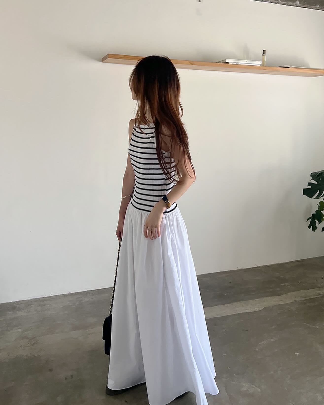 ストライプパッチワークロングワンピース