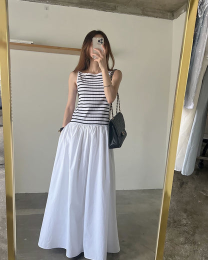 ストライプパッチワークロングワンピース