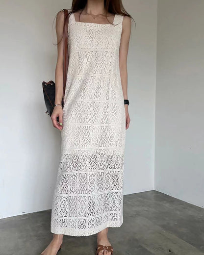 方領鏤空背心長裙