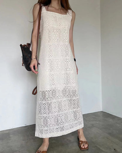 方領鏤空背心長裙