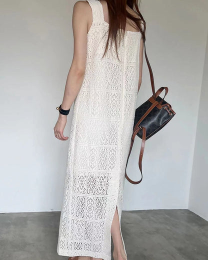 方領鏤空背心長裙