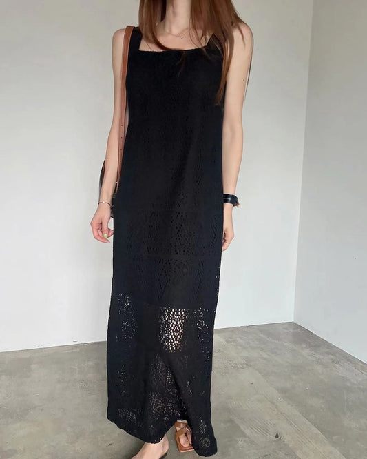 方領鏤空背心長裙