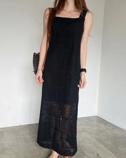 方領鏤空背心長裙