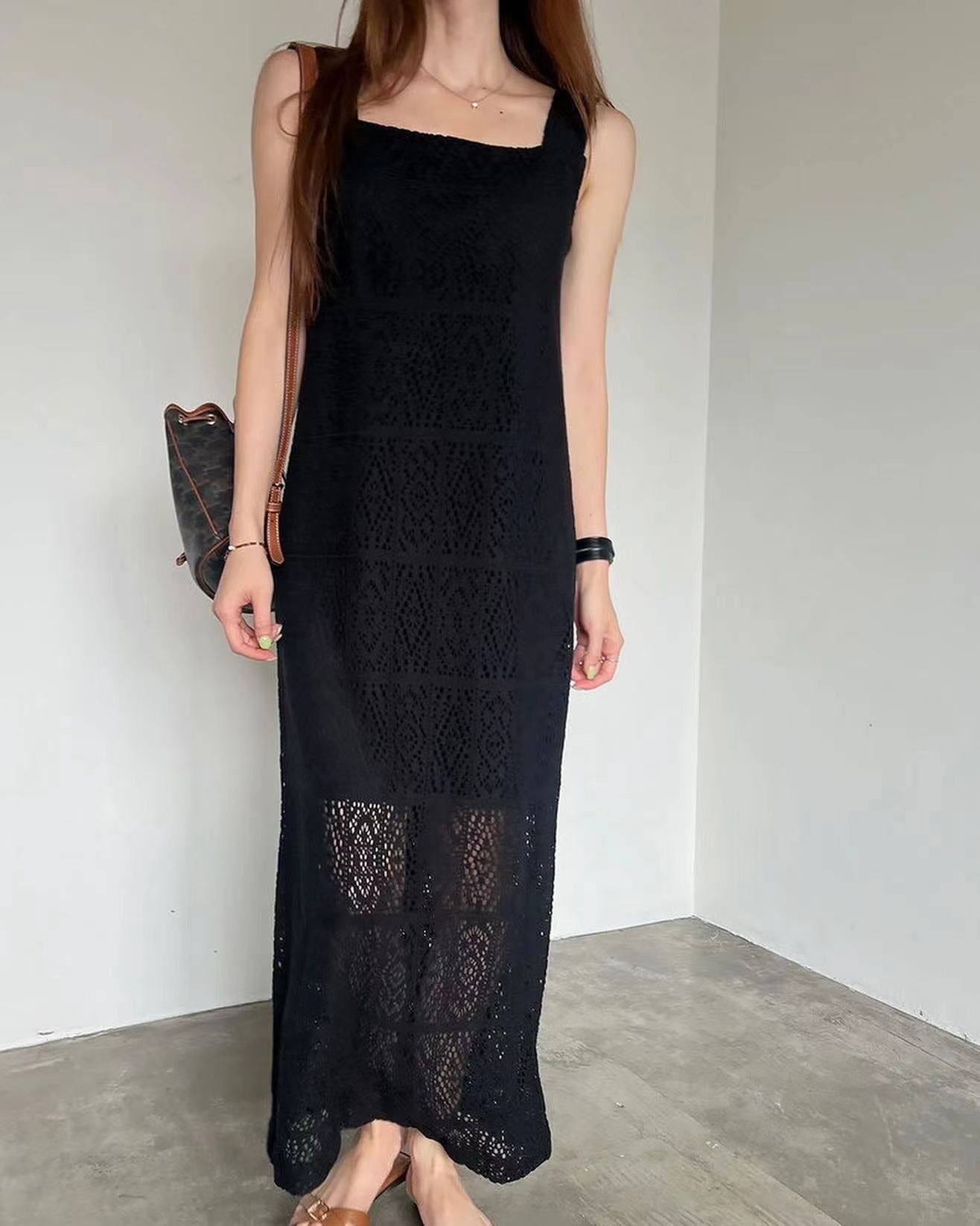 方領鏤空背心長裙