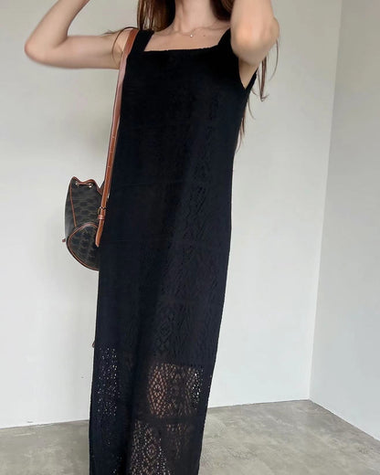 方領鏤空背心長裙