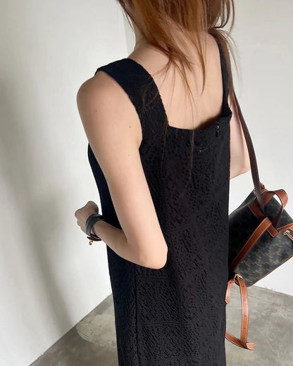 方領鏤空背心長裙