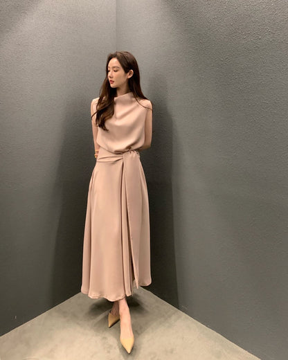 フレンチスタイルスタンドカラースリムフィットワンピース