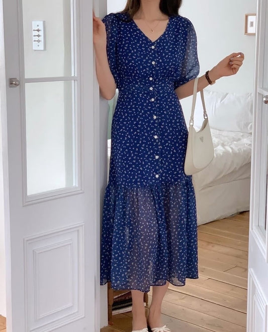 V-neck Puff Sleeve Floral Mermaid Dress