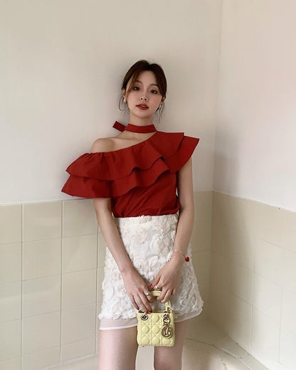 Double-Layer Ruffle One-Shoulder Top