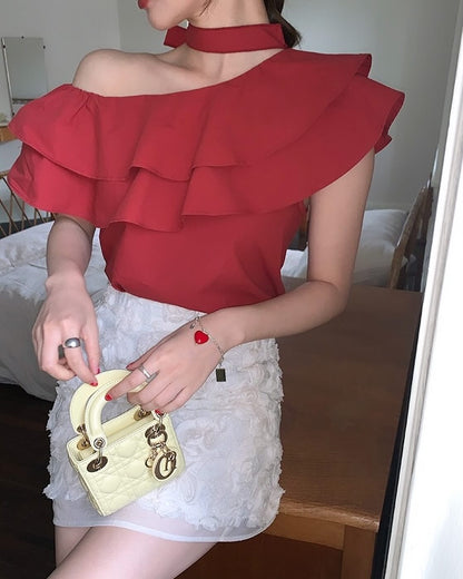 Double-Layer Ruffle One-Shoulder Top