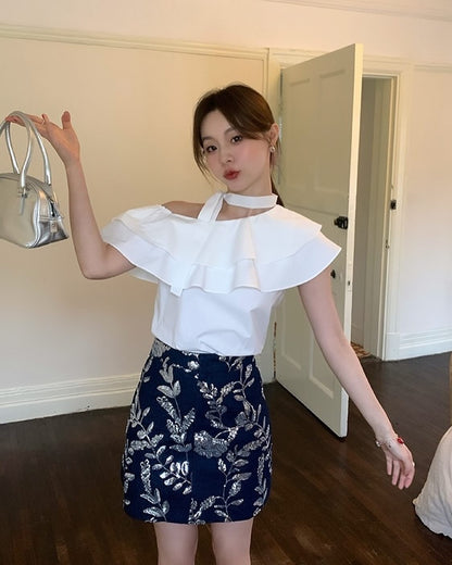 Double-Layer Ruffle One-Shoulder Top