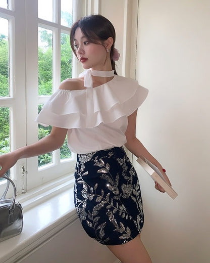 Double-Layer Ruffle One-Shoulder Top