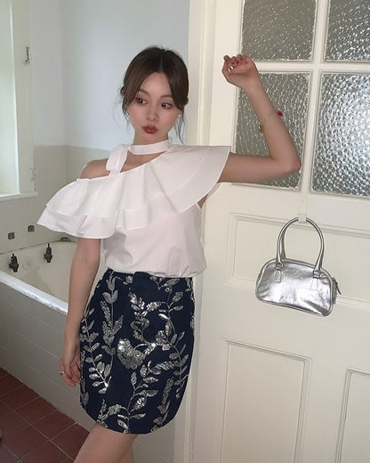 Double-Layer Ruffle One-Shoulder Top