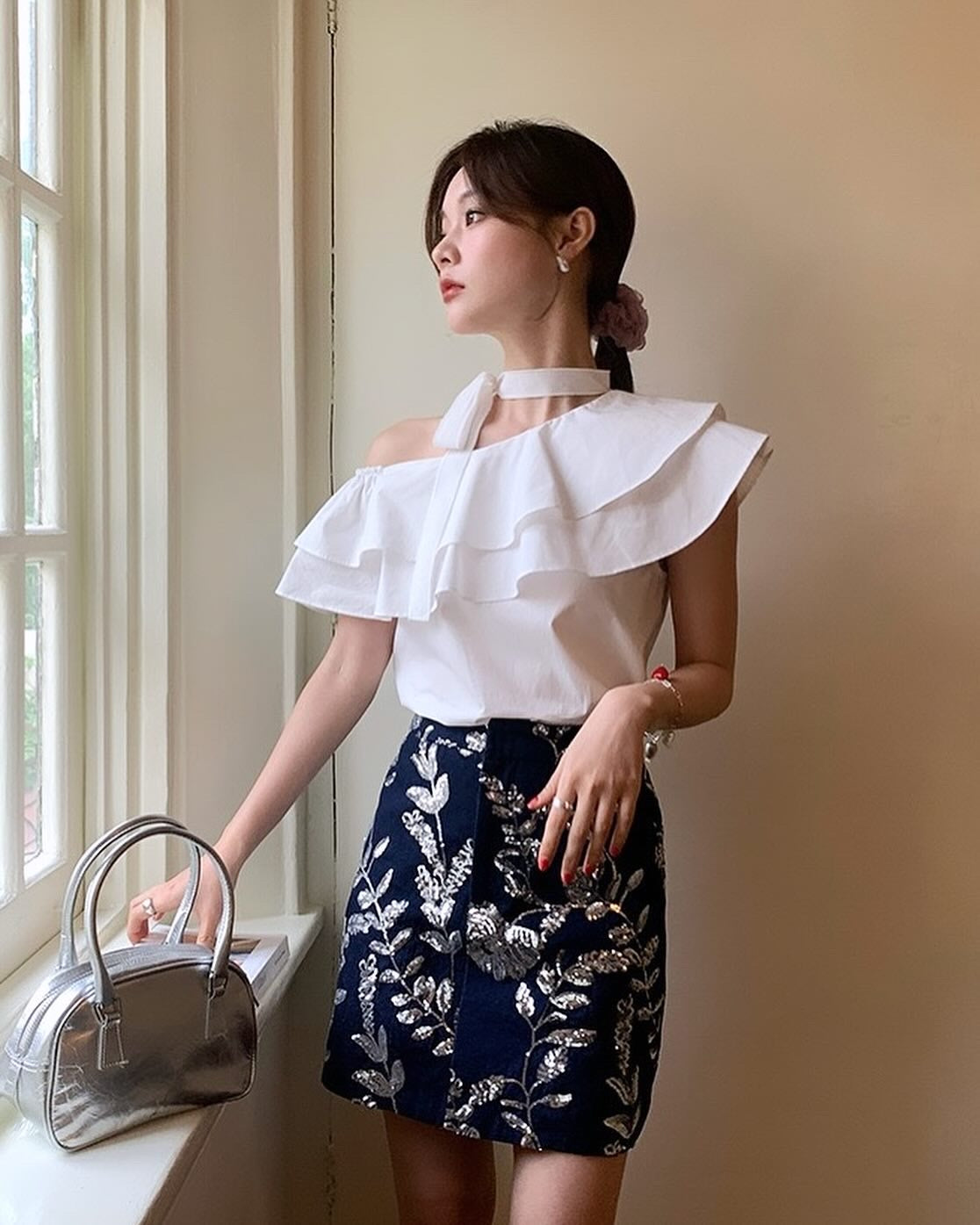 Double-Layer Ruffle One-Shoulder Top