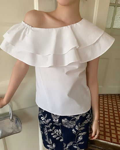Double-Layer Ruffle One-Shoulder Top