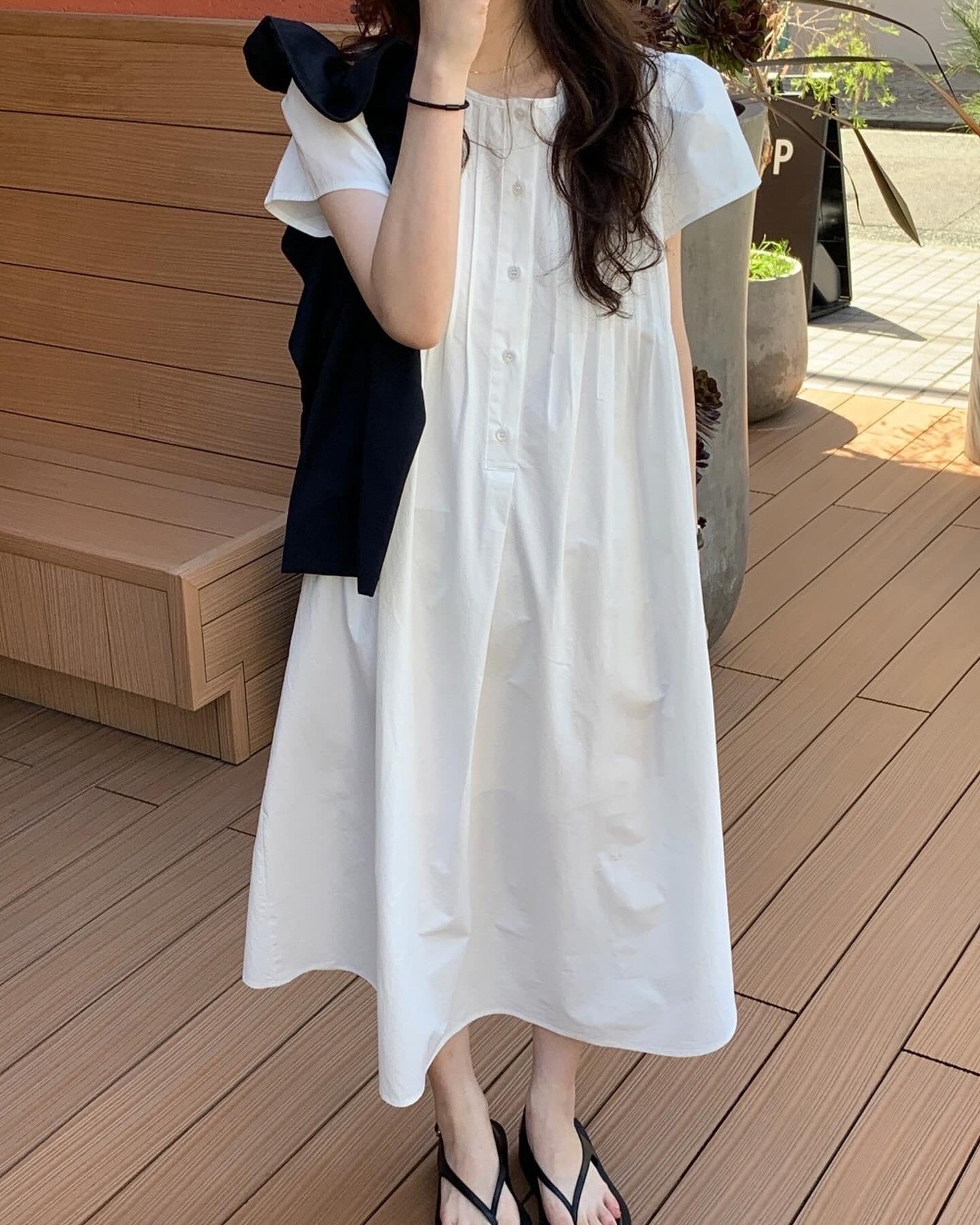 韓系圓領壓褶寬鬆裙